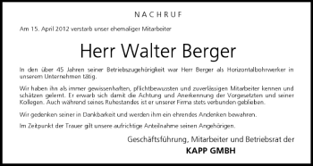 Anzeige von Walter Berger von MGO