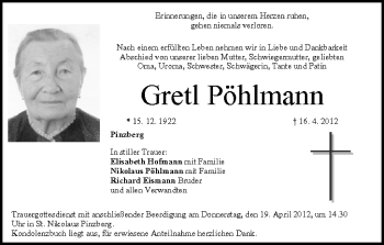 Anzeige von Gretl Pöhlmann von MGO