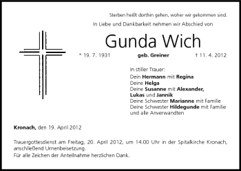 Anzeige von Gunda Wich von MGO