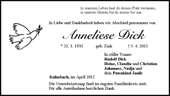 Anzeige von Anneliese Dick von MGO