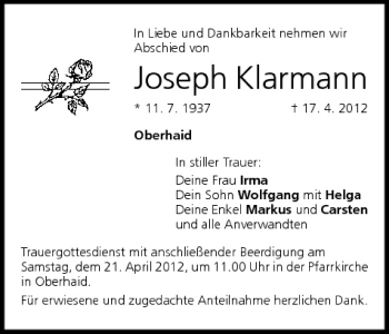 Anzeige von Joseph Klarmann von MGO