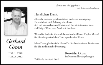 Anzeige von Gerhard Grom von MGO