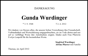 Anzeige von Gunda Wurdinger von MGO
