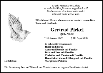 Anzeige von Gertrud Pickel von MGO