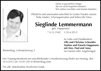 Anzeige von Sieglinde Lemmermann von MGO