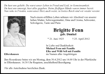 Anzeige von Brigitte Fenn von MGO