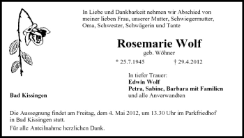 Anzeige von Rosemarie Wolf von MGO