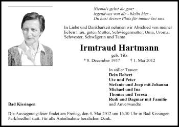 Anzeige von Irmtraud Hartmann von MGO