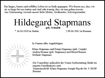 Anzeige von Hildegard Stapmans von MGO