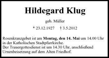 Anzeige von Hildegard Klug von MGO