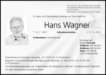 Anzeige von Hans Wagner von MGO