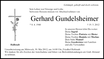 Anzeige von Gerhard Gundelsheimer von MGO
