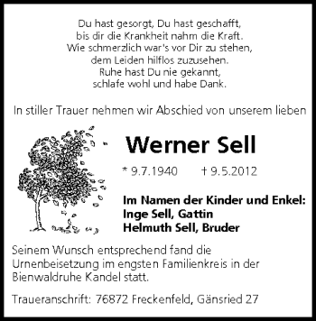 Anzeige von Werner Sell von MGO