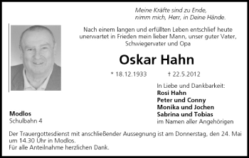 Anzeige von Oskar Hahn von MGO