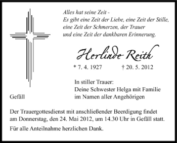 Anzeige von Herlinde Reith von MGO
