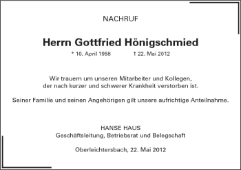 Anzeige von Gottfried Hönigschmied von MGO