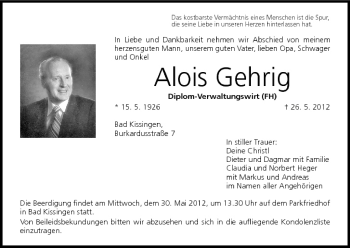 Anzeige von Alois Gehrig von MGO