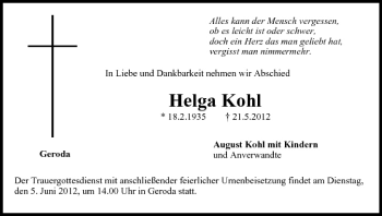 Anzeige von Helga Kohl von MGO
