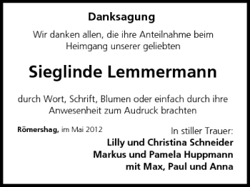 Anzeige von Sieglinde Lemmermann von MGO