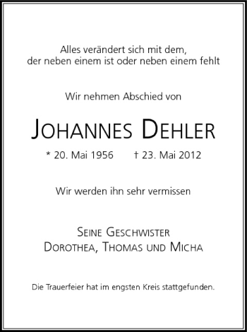Anzeige von Johannes Dehler von MGO