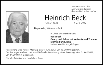 Anzeige von Heinrich Beck von MGO