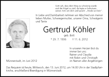 Anzeige von Getrud Köhler von MGO