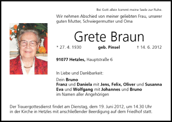 Anzeige von Grete Braun von MGO