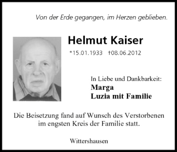 Anzeige von Helmut Kaiser von MGO