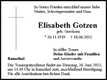 Anzeige von Elisabeth Gotzen von MGO