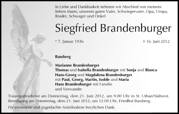 Anzeige von Siegfried Brandenburger von MGO