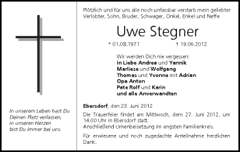 Anzeige von Uwe Stegner von MGO
