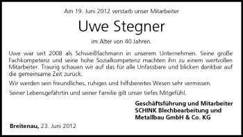 Anzeige von Uwe Stegner von MGO