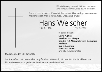Anzeige von Hans Welscher von MGO