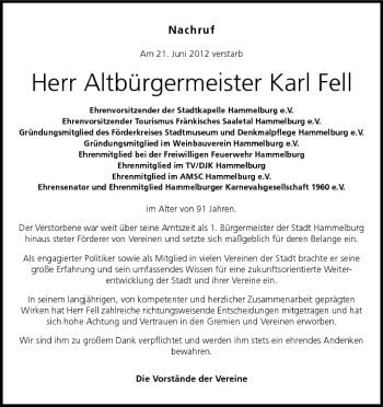 Anzeige von Karl Fell von MGO