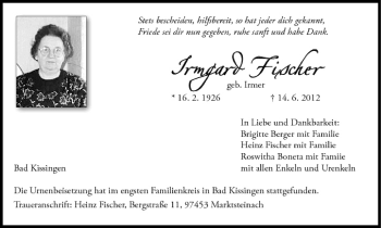 Anzeige von Irmgard Fischer von MGO