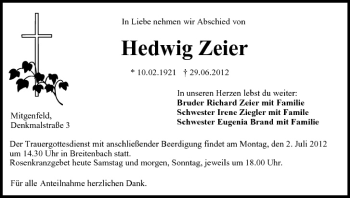 Anzeige von Hedwig Zeier von MGO