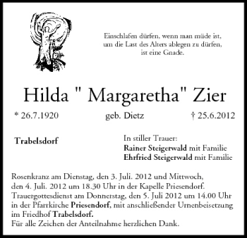 Anzeige von Hilda Zier von MGO
