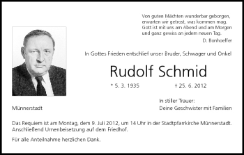 Anzeige von Rudolf Schmid von MGO