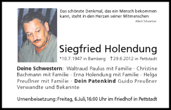 Anzeige von Siegfried Holendung von MGO