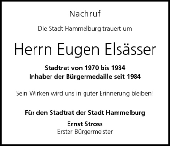 Anzeige von Eugen Elsässer von MGO