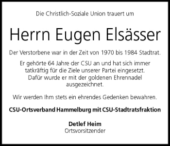 Anzeige von Eugen Elsässer von MGO