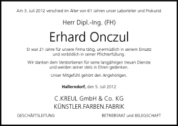 Anzeige von Erhard Onczul von MGO