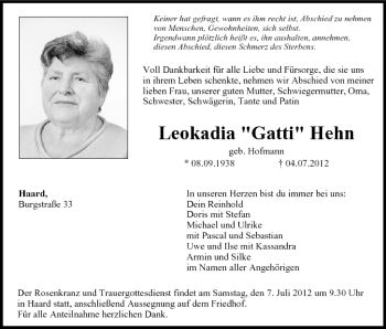 Anzeige von Leokadia Hehn von MGO