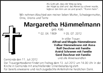 Anzeige von Margaretha Hämmelmann von MGO