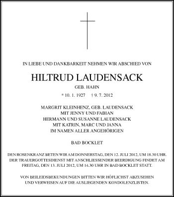 Anzeige von Hiltrud Laudensack von MGO