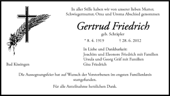 Anzeige von Gertrud Friedrich von MGO