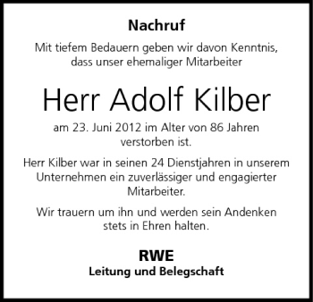Anzeige von Adolf Kilber von MGO