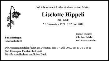Anzeige von Liselotte Hippeli von MGO