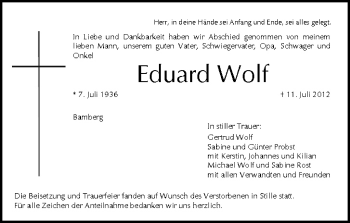 Anzeige von Eduard Wolf von MGO