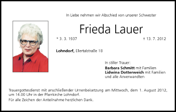 Anzeige von Frieda Lauer von MGO